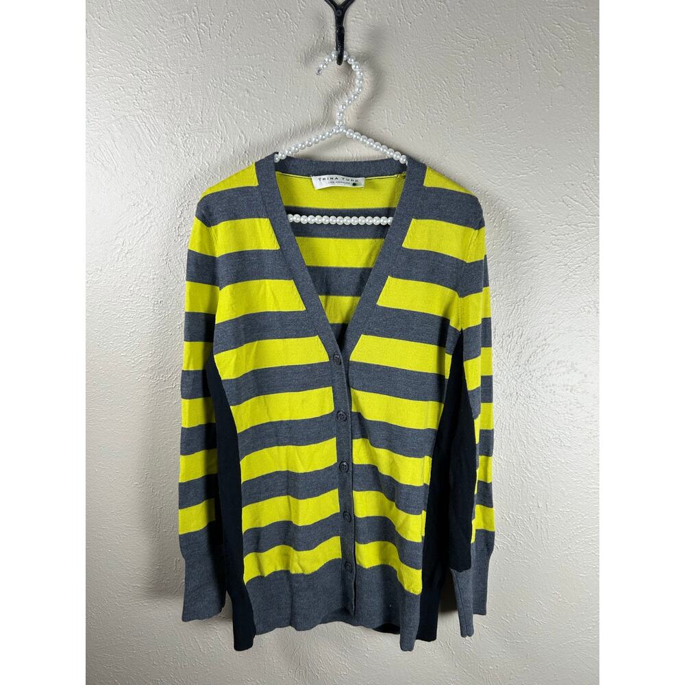 Trina Turk Merino Wool Cardigan Sweater Classic Preppy Yellow Gray Stripes